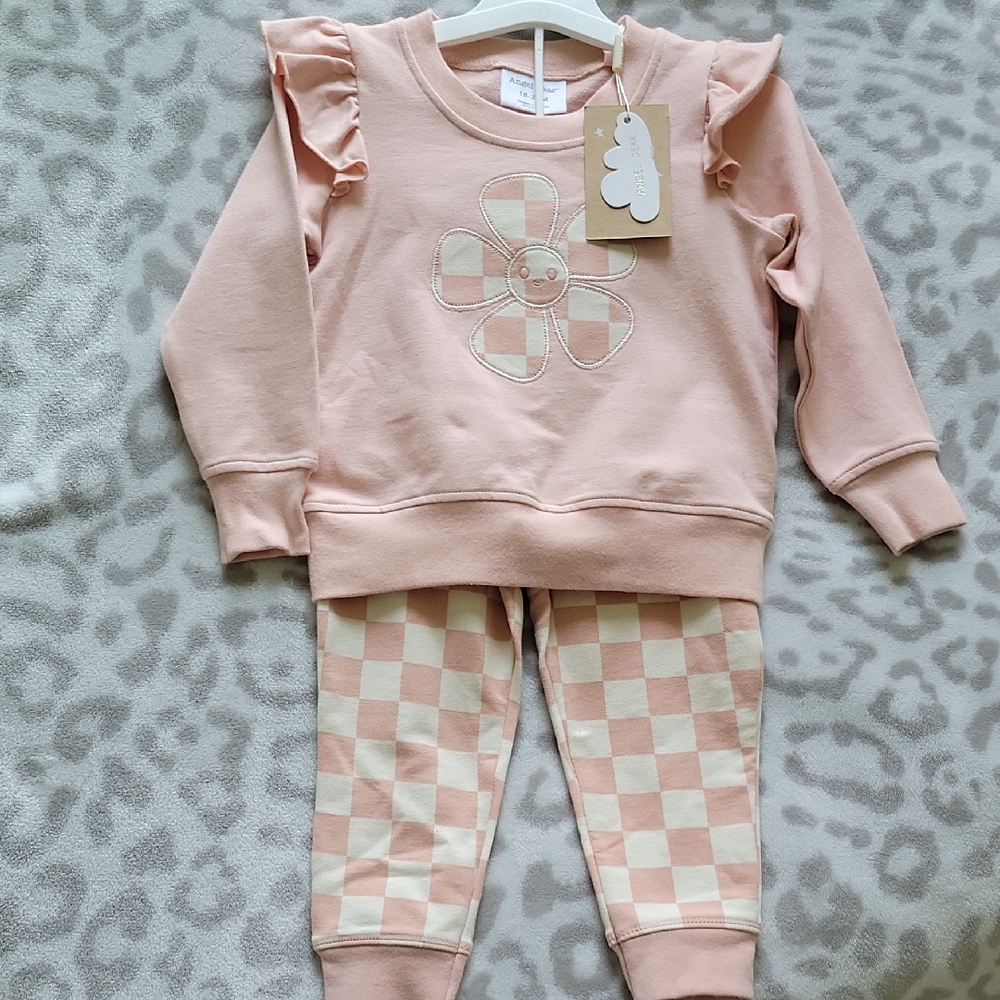 Pink Ruffle Sweatshirt and Checkered Pants Set